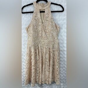 City Studio Womens Juniors Sleeveless Sequiened Lace Champagne Dress